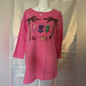 Quacker Factory Bright Pink Casual Tunic with Beaded Beach Scene. Size M.